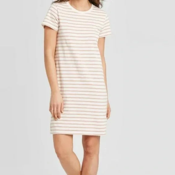 Universal Thread Women's Striped Short Sleeve T-Shirt Dress White And Beige - Picture 2 of 8